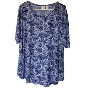 Chico's 3 Blue and White Wave Paisley Soft Stretch Short Sleeve Tee, Women's 16